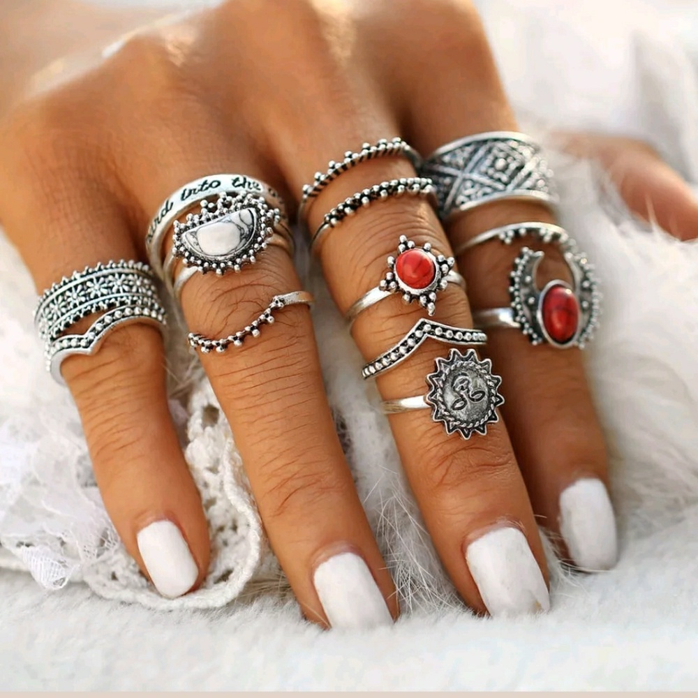 14 piece fashion boho Punk turquoise midi rings